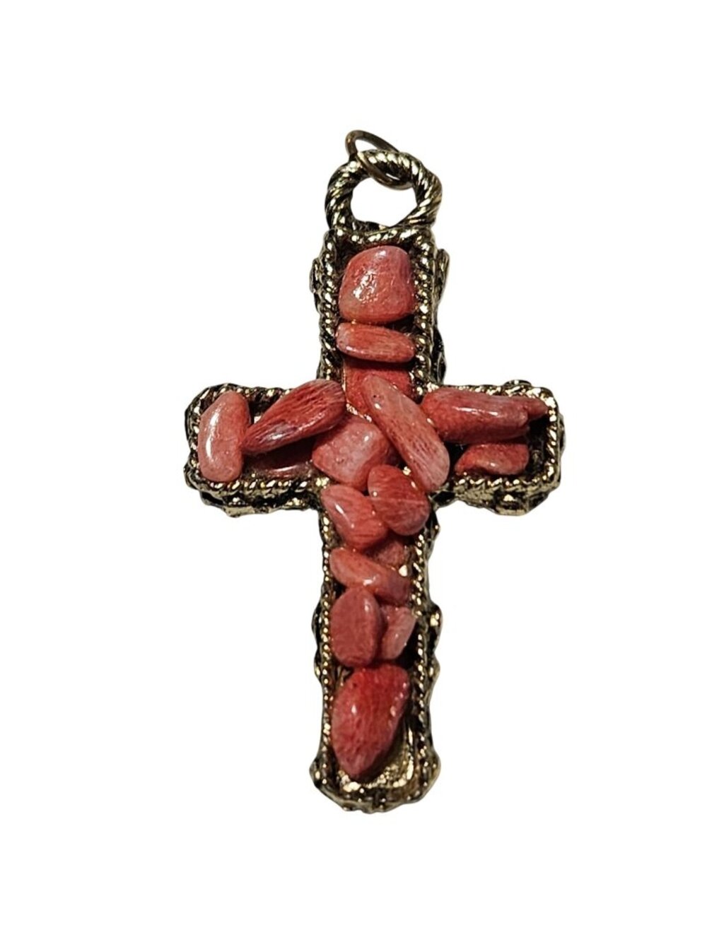 Vintage Coral Stone Cross Pendant Ornate Gold Tone Metal Work Religious Jewelry